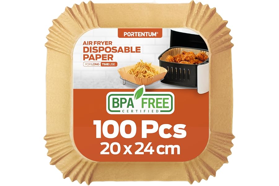 PORTENTUM Papel freidora aire 100 unidades de 20-24 cm Cuadrado. Para Air Fryer, Grado alimenticio con triple certificación B