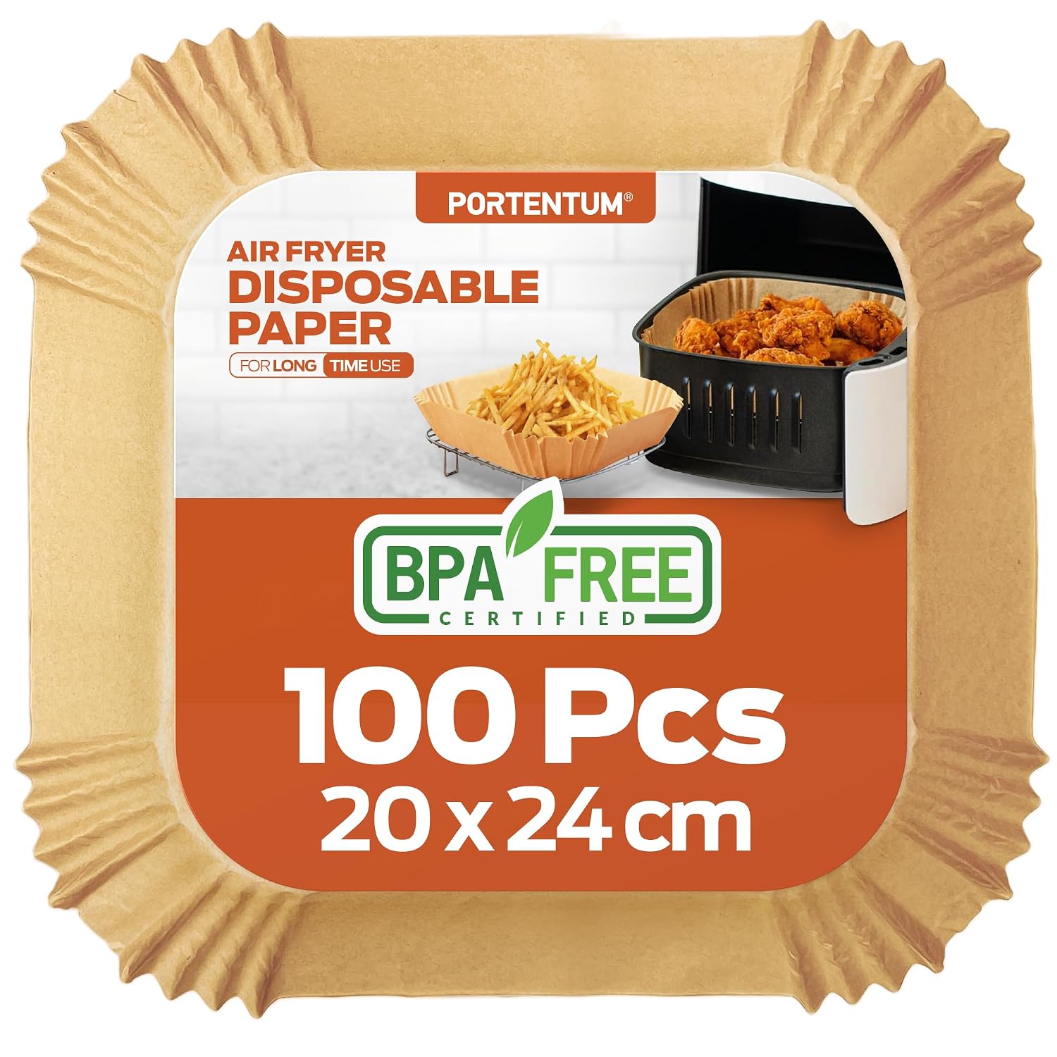 PORTENTUM Papel freidora aire 100 unidades de 20-24 cm Cuadrado. Para Air Fryer, Grado alimenticio con triple certificación BPA free, FDA y LFGB