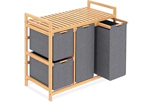 iEGrow Wäschekorb 4 Fächer 150L, Wäschesammler 4 Fächer, Bambus Wäschewagen mit Ablage für Schmutzwäsche, Push-Pull Wäschesack aus Oxford-Gewebe, 2 x 50 L, 2 x 25L Grau Wäschebox