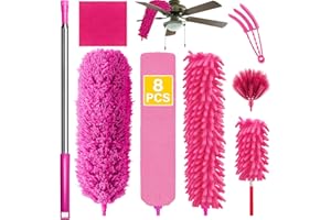 VZOXL Feather Duster 8pcs Kit with 30-100 Inch Telescopic Extension Pole,Detachable Bendable Washable Duster for Cleaning Dust Cobwebs on High Ceiling Fans Lights Blinds Cars Furniture (Rose)