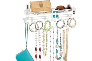 mDesign Schmuck Organizer – schicke Wandgarderobe mit Ablage für Ketten, Ohrringe, Brillen, Kosmetik, Handys und weitere Accessoires – geräumiger Wandorganizer –- weiß