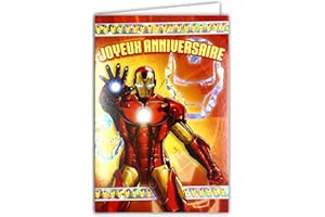 CREATIV'WORLD MARVEL AVENGERS RASSEMBLEMENT Carte IRON MAN Joyeux Anniversaire Argenté Brillant avec Enveloppe Jaune Intérieur Illustré Super-Héros Comics Américain Série Film Animation Garçon Enfant 130935
