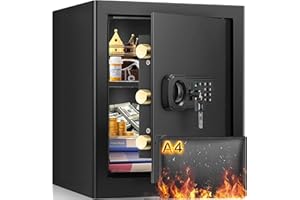 MEJASG 48L Fireproof Home Safe Box with Fireproof A4 Document Bag, Digital Money Safe with Removable Shelf & Mute Function, Large Security Safes for Money Watche Medicine Important Papers