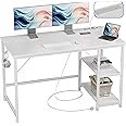 JOISCOPE Computer Desk, 120cm Office Desk with Power Outlets, USB & Type-C and 2 Shelves, Modern White Desk with Hook, Study Table for Writing, Small Desk for Bedroom Home Office, White