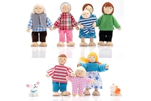 PUCKWAY Wooden Dollhouse People Family Set with Cat and Dog, Dolls House Figures for Pretend Dollhouse Accessories Gift
