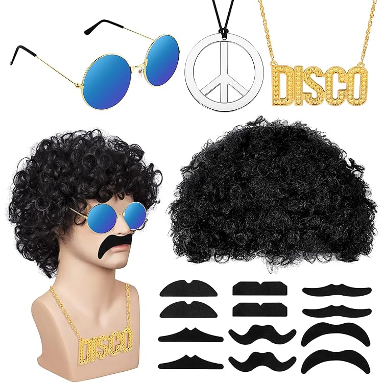 Costume Hippie Années 70 VIKSAUN - 3 Pièces (perruque Afro, Lunettes, Moustache), Déguisement Disco Rétro Pour Fête, Halloween