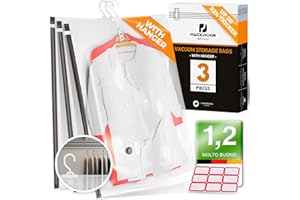 PACKDUDE Sacchetti Sottovuoto Vestiti da Appendere I 100x70 I Sacchi Sottovuoto Vestiti Grandi con Ganci I Buste Sottovuoto Vestiti per Abiti, Giacche I Organizer per Armadio Salvaspazio I 3 PEZZI