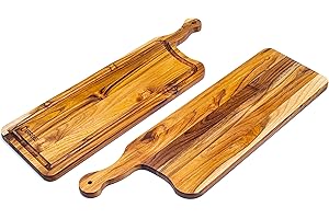 Erreke Tagliere in Legno di Teak Natural Edge Grain, Pezzo Unico, Cucina o Barbecue, per Servire Carne, Formaggio e Pane, 58x18x1.8 cm (scanalatura e manico)