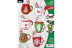 Bucilla, Gemütliche Weihnachten, Filz-Applikation, 6-teiliges Ornament-Set, perfekt für Urlaub, DIY, Nadelspitze, Kunst und Handwerk, 89639E