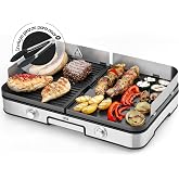 LEBENLANG 2400W Kitchen Griddle - 48 x 30 cm &amp; Incl. BBQ Tongs | Incl. Splash guard I For indoor and outdoor I Electric gridd