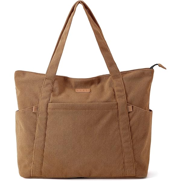 Borsa Tote In Velluto A Coste Prite Grande – Con Cerniera E Tasche – Per Università E Lavoro