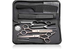 PURPLEBIRD Set de ciseaux de coiffeur professionnel, ciseaux de coiffeur avec ciseaux de coupe de cheveux en acier inoxydable et ciseaux à effiler pour barbier/coiffeur/débutant 10 pièces Or Rose