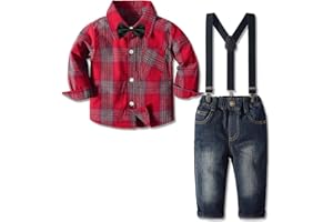 Yilaku Tuta Casual Autunnale da Bambino Pantaloni Scozzesi per Ragazzi + Papillon + Bretelle Staccabili + Bottoni 4 Pezzi Abiti da Gentiluomo