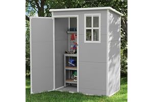 UDPATIO Gartenhaus wetterfest 152 x 92 x 192 cm, 2.8 m³, Kunststoff-Harz außerhalb Schuppen & Outdoor-Lagerung für Mülleimer,Rasenmäher mit abschließbarer Tür für Rasen, Terrasse, Grau & Weiß