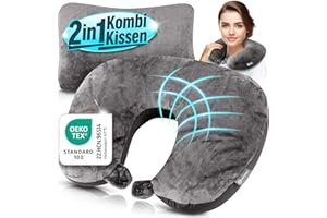Heimwert Reisekissen - 2in1 Nackenkissen Stützkissen,Nackenhörnchen, 37x27 cm - Travel Pillow für Flugzeug, Camping, Reise - Ergonomisches Kopfkissen mit Microperlen (Grau)