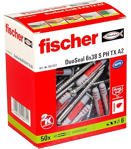 fischer Praktische hulp voor outdoor en vochtige ruimtes, pluggenbox, 130- delig met roestvrijstalen schroeven, DuoPower & DuoSeal-pluggen, universele set voor bevestigingen in vochtige ruimtes en