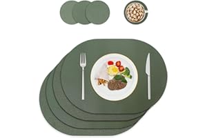 ‎WAKOSAN Placemats and Coasters Made of Faux Leather, Washable Place Mats, Washable, Table Decoration, Round Place Mats for Kitchen, Dining Table, Set of 4 (Oval, Green)
