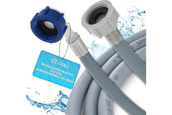 DL-pro Tuyau d'eau, 3 m, droit/angle 90 °, pour machine à laver et lave-vaisselle, tuyau de raccordement pour robinet de 3/4 ’’