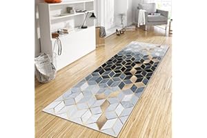 ‎WTHYGB WTHYGB Teppich Läufer Flur Küche 40x320 cm, Modern rutschfest Waschbar Dauerhaft Küchenläufer Flurläufer, Lang Polyester Weiß Blau Schwarz Teppichläufer für Korridor, Schlafzimmer, Innen Wohnzimmer