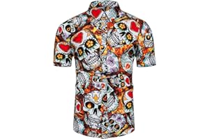TUNEVUSE Men's Halloween Shirts Pumpkin Print Short Sleeve Casual Button Down Dress Shirt
