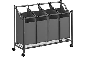 Songmics Tvättkorg med hjul, tvättkorg med 4 avtagbara tvättpåsar, tvättvagn, för tvättstuga sovrum badrum, 4 x 45 L, skiffergrå RLS103G01