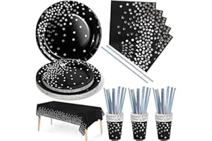 Nkaiso 126pcs Noir et Argent Party Vaisselle, Decoration fête Anniversaire Kit,Papier Assiette Papier Tasse Serviette Pailles Nappe,en Mariages Baby Shower Noël- 25 invités