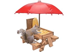 Yorkmills Squirrel Feeder Picnic Table with Umbrella and Corn Cob Holder, New Premium Gift for Squirrel and Chipmunk Lovers, Outdoor Garden Ornaments for Chipmunk Wildlife Bird Animal Bench Feeder