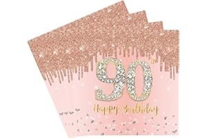 YAYAFUNFUN 90th Birthday Party Tissue 20pcs Rose Gold Napkins - Happy Birthday Paper Serviettes for Ladies Women Table Decorations