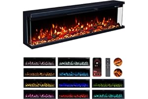 Valine Fires 3-Sided Panoramic Electric Freestanding Fireplace Heater 72"/183cm – Wall-Mounted, Media Wall Electric Fire with Real Logs, 15 LED Colours, Crackling Sound, 900W/1800W Heat Control
