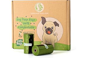 GREENER WALKER 100% Compostable Poo Bags for Dog Waste, 20% Extra Thick and Durable 225 Poop Bags, Leak Proof Biodegradable Dog Poo Bags with EN13432 and BPI Certified (Green)