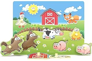 BEYLON Wooden Peg Puzzle, Farm Chunky Baby Puzzles, Full-Color Pictures Wood Shape Puzzle Peg Board, Animal Knob Puzzle for Educational Toddlers 2,3,4 Yeas Old, 8 Pieces