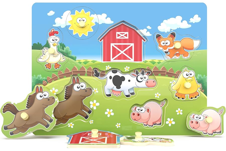 Wooden Peg Puzzle, Farm Chunky Baby Puzzles, Full-Color Pictures Wood Shape Peg Board, Animal Knob Puzzle for Educational Toddlers 2,3,4 Yeas Old, 8 Pieces