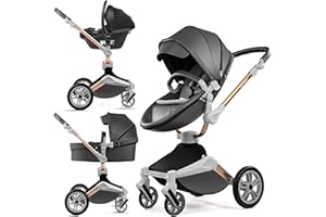 Hot Mom Poussette 2 en 1 avec fonction de rotation à 360 degrés, design spécial de roue adapté pour une utilisation sur multi-terrains (3Gris foncé, avec siège auto)