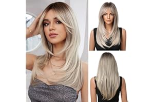 OUFEI Peruka popielaty blond z grzywką dla kobiet długie proste peruki naturalne syntetyczne włosy odporne na ciepło peruki na codzienne imprezy cosplay