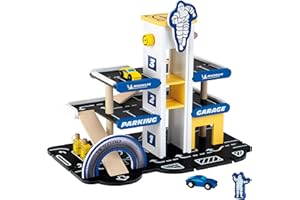 Klein Theo 3404 MICHELIN Car Park with 3 levels, wood I Parking garage incl. 2 cars and much more I Compatible with wooden tracks I Toy for children from 3 years