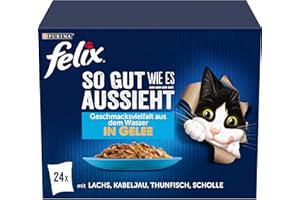 FELIX So gut wie es aussieht Katzenfutter nass Geschmacksvielfalt aus dem Wasser in Gelee mit Lachs, Scholle, Kabeljau und Thunfisch, 4er Pack (4 x 24 Beutel à 85g)