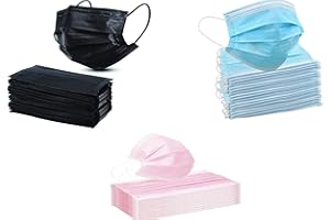 KAV® Lot de 300 masques jetables à 3 plis (100 bleus, 100 noirs et 100 roses) | Haute filtraabilité, convient aux peaux sensibles et respirants