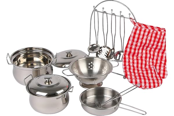 Small Foot 8968 Batterie de cuisine "Gustav" en métal, avec gant de four et aide de cuisine, pour cuisines de jeux, à partir de 3 ans, Acier Inoxydable