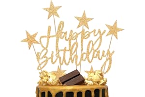 iZoeL 2 Sets Gold Cake Decoration Happy Birthday Banner Confetti Balloon Stars Heart Cake Topper for Man Boys Women Girls Gold Theme Birthday Decor Hen Party