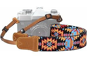 Padwa Lifestyle Camera Strap - 1.5" Crazy Horse Cowhide Head Cotton Strap,Vintage Embroidery Camera Straps for Photographers and All Cameras,Cute Adjustable Shoulder Neck Strap for Adults & Kids