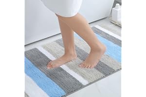 Homaxy Tapis de Bain Antiderapant,Tapis Salle de Bain Rayé en Microfibre Douce,Tapis de Bain Absorbant à Poils Longs, Lavable en Machine - 60 x 120 cm, Bleu/Gris