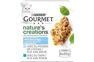 GOURMET | NATURE’S CREATIONS | Chat Adulte | Mini Bouchées avec des ingrédients naturels sélectionnés | Au Poisson : Poisson de l'Océan, Thon | Lot de 12 (8 x 85g)
