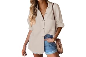 Hotouch Chemisier Femme en Coton à Manches Longues avec col boutonné et Patte de Boutonnage Devant S-XXL