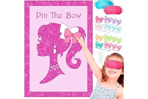 SUNWUUN Pin The Bow Party Games for Kids Birthday - Pink Princess Poster, Party Decorations, Pamper Party Supplies for Girls