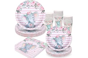Amycute Forniture per Feste di Compleanno Tema Elefante 80 Pcs Set Compleanno Bambina Elefante Piatti Carta Floreali Bicchieri Tovaglioli Rosa per Compleanno, Baby Shower