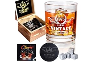 TECANNE 50th Birthday Gifts Men, Vintage 1975 Whiskey Glass Set - 50th Birthday Decorations - 50 Years Anniversary, Bday Gifts Ideas for Him, Dad, Husband, Friends - Wood Box & Whiskey Stones & Coaster