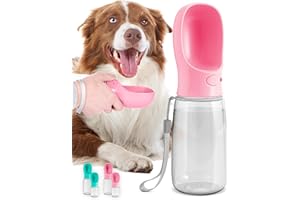 MalsiPree Hunde Wasserflasche - Auslaufsicher & Tragbarer Welpen Wasserspender mit Trinkfutterstation für Haustiere - Hundezubehör zum Spazierengehen, Wandern, Reisen - Welpen Zubehör - Rosa, 550ML