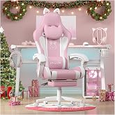 bigzzia Gaming Chair with Ears, Massage Gamer Chair (White Pink) | Beautiful, For Girls, Massage Function, Footrest, Comforta