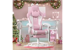 bigzzia Silla Gaming,Silla Gaming ergonómica con Orejas de Gato para niñas y Adultos, Silla de Juegos de Ordenador Ajustable en Altura con reposacabezas y Soporte Lumbar de Masaje (Blanco Rosado)