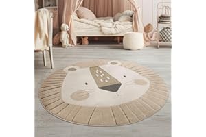 ‎TT HOME TT Home Kinderteppich Rund, Spielteppich Erdtöne, 3D Design Löwen, Robust & Modern für Jungen und Mädchen, Größe:120 cm Rund